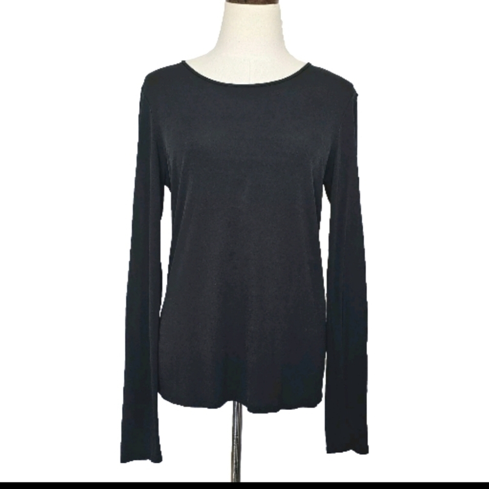 Eileen Fisher 100% Silk Black Scoop Neck Basic Long Sleeve Thin Lightweight Top